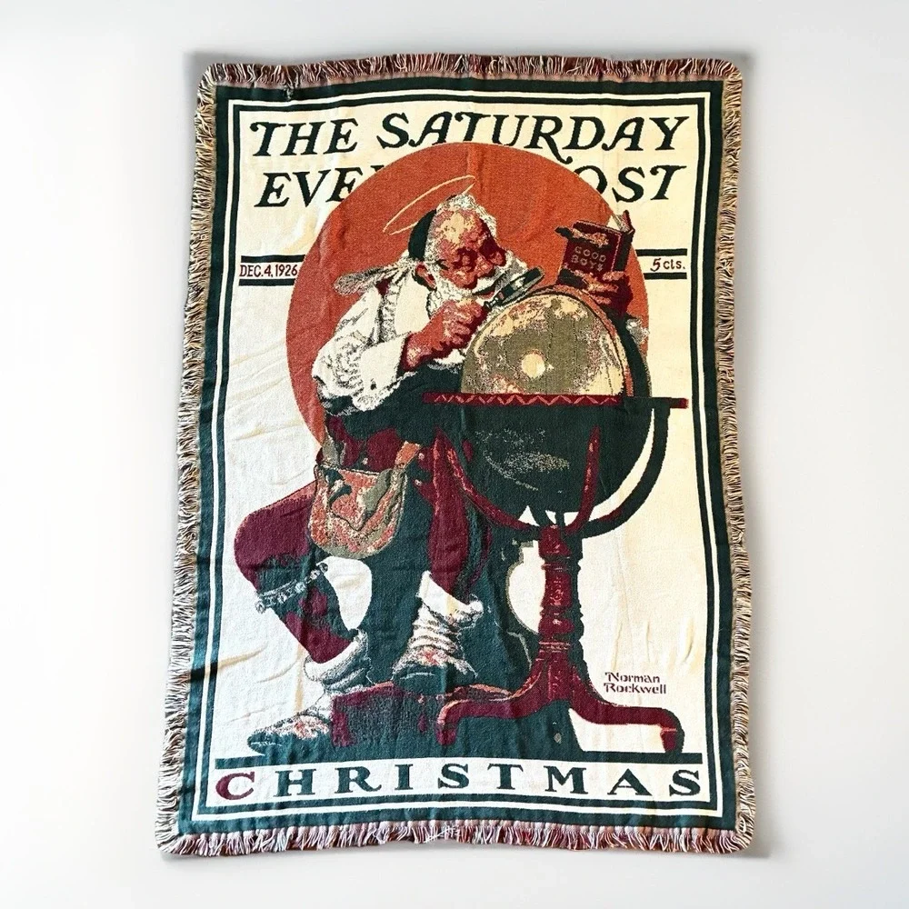 VTG Goodwin Weavers Norman Rockwell Christmas Santa Holiday Woven Throw Blanket